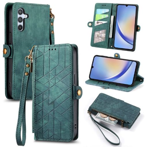 Samsung Galaxy A21s Geometric Zipper Wallet Leather Phone Case Green - 1