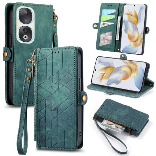 Green Geometric Zipper Wallet Leather Phone Case - For Honor 90 - 1