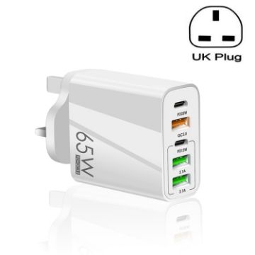 65W Dual PD Type-C + 3 x USB Multi Port Charger, UK Plug - White - 1