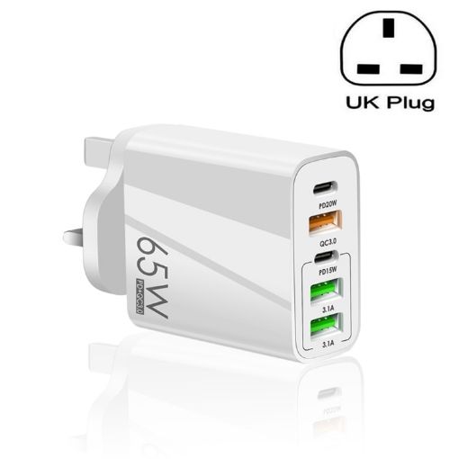 65W Dual PD Type-C + 3 x USB Multi Port Charger, UK Plug - White - 1