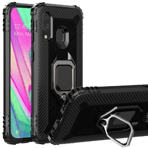 Samsung Galaxy A20e Carbon Fiber Protective Case with 360 Degree Rotating Ring Holder - 1