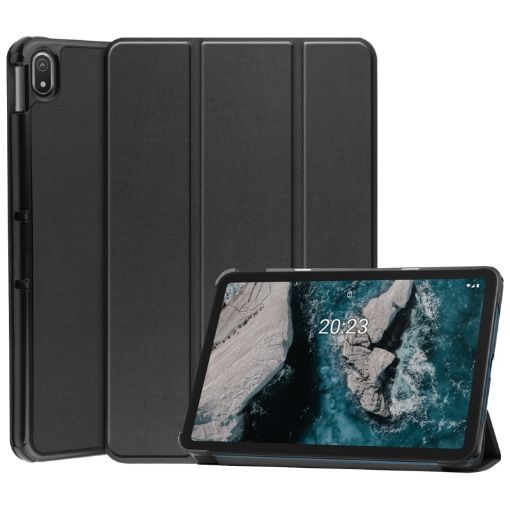 Nokia T20 Three-folding Holder Leather Tablet Case - Black - 1