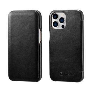 iPhone 13 Pro Max ICARER Cowhide Flip Phone Case - Black - 1