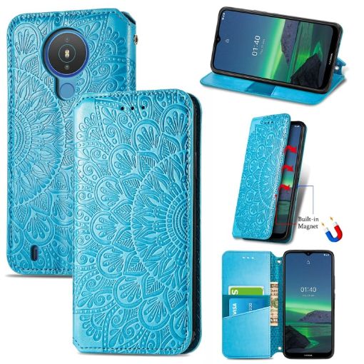 Nokia 1.4 Blue Mandala Leather Case with Holder & Card Slots - 1