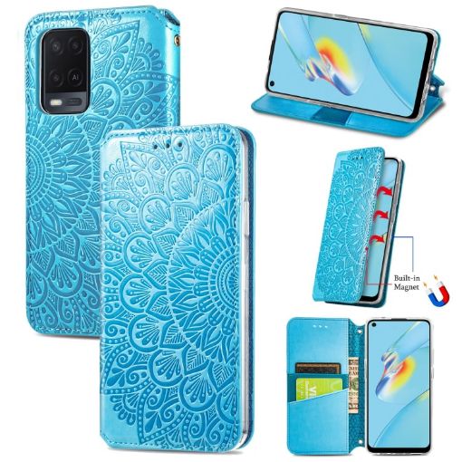 OPPO A54 4G Blue Leather Case with Mandala Pattern & Card Slots - 1