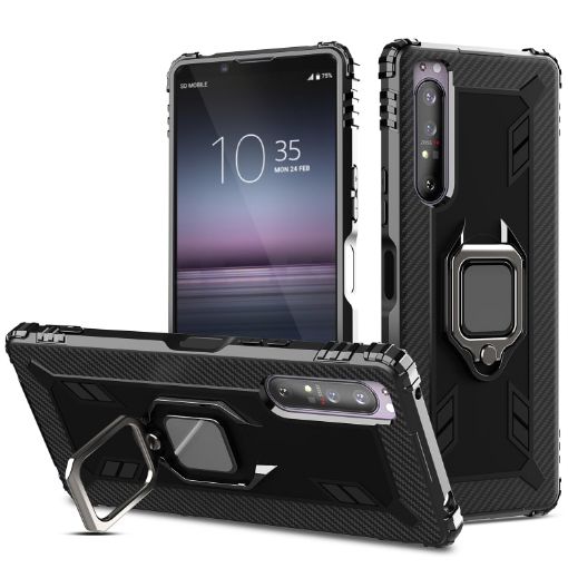 Sony Xperia 1 II Carbon Fiber Protective Case with 360 Degree Rotating Ring Holder - 1