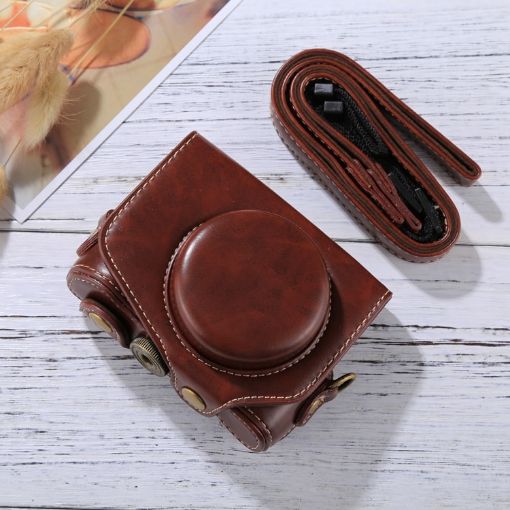 Canon PowerShot G7 X Mark II PU Leather Camera Case Bag with Strap - Coffee - 1