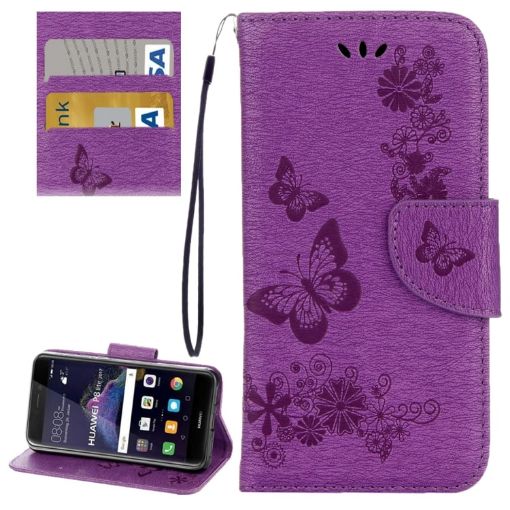 Huawei P8 Lite (2017) Butterflies Leather Case - Purple - 1
