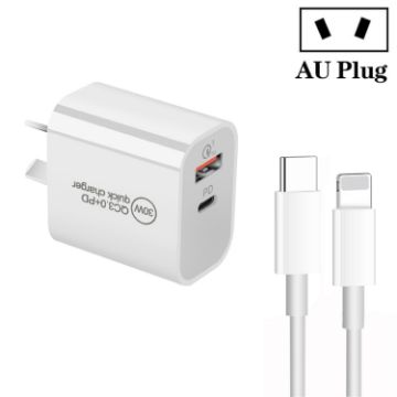 PD30W USB-C/Type-C + QC3.0 USB Dual Port Charger with 1m Type-C to 8 Pin Data Cable - 1