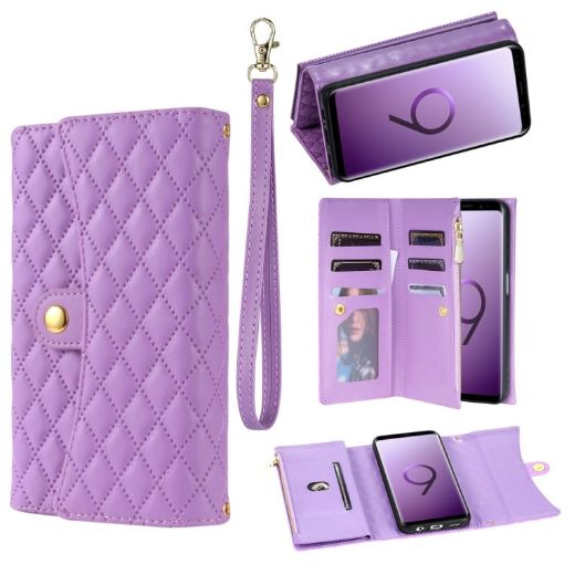 Samsung Galaxy S9 Zipper Multi-Card Wallet Rhombic Leather Phone Case Purple - 1