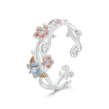 Picture of S925 Sterling Silver Romantic Cherry Blossom Butterfly Adjustable Open Ring (BSR538-E)