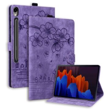 Samsung Galaxy Tab S9 FE Cartoon Sakura Cat Embossed Leather Tablet Case Purple - 1