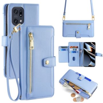 OPPO Find X5 Pro Blue Leather Phone Case - Cross-body Zipper Wallet - 1