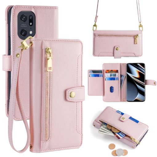 OPPO Find X5 Pro Pink Leather Phone Case - Cross-body Zipper Wallet - 1