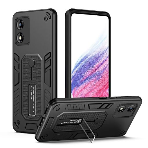 Motorola Moto E13 Brave Armor Finger Loop Holder Phone Case - Black - 1