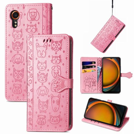 Samsung Galaxy Xcover 7 Cat and Dog Embossed Leather Phone Case - Pink - 1