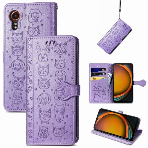 Samsung Galaxy Xcover 7 Cat and Dog Embossed Leather Phone Case - Purple - 1