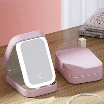 LED Light Cosmetic Mirror & Storage Box (Pink) - 1