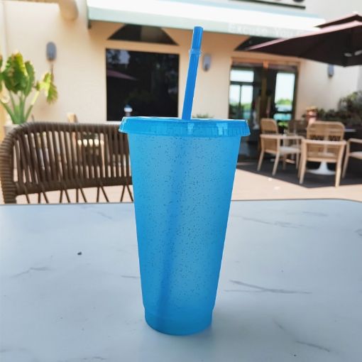 Small Summer Glitter Water Cup with Straw - Light Blue - 1