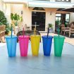 Large Summer Glitter Water Cup Plastic Ice Cold Drink Bottle with Straw Yellow - 2