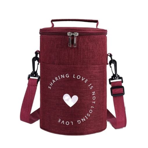 Round Insulated Lunch Bag Foldable Portable Tote - Wine Red - 1