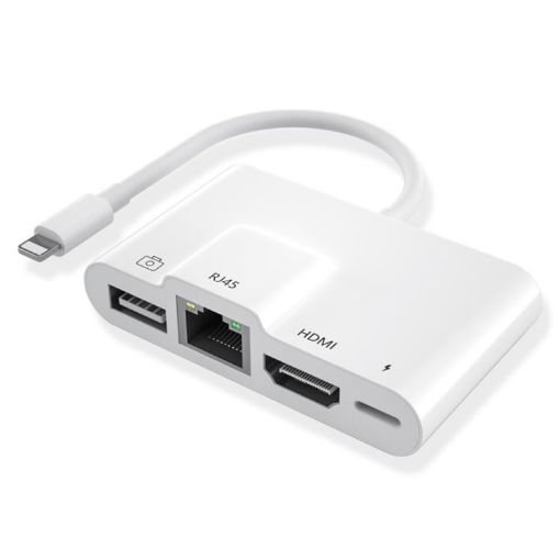 4 in 1 8 Pin Male to 8 Pin Power + RJ45 Ethernet + HDMI + USB Camera Female OTG Adapter - 1