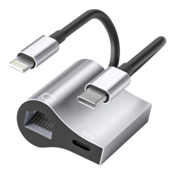 NK-1054Pro 2 in 1 8 Pin + USB-C Male to 8 Pin Charging + Ethernet Adapter - 1