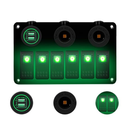 6 Way Switch Panel + Dual USB Charger for Car RV Boat - Green Light - 1