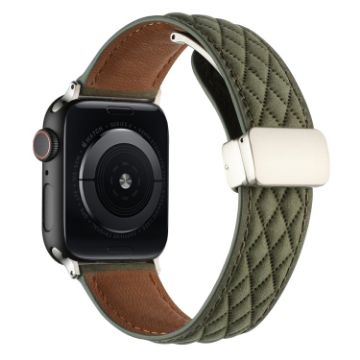 Picture of For Apple Watch Series 8 45mm Rhombus Pattern Magnetic Folding Buckle Leather Watch Band (Army Green)