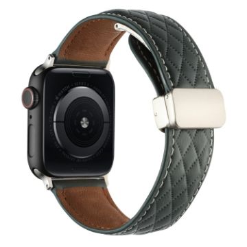 Picture of For Apple Watch Ultra 49mm Rhombus Pattern Magnetic Folding Buckle Leather Watch Band (Dark Green)