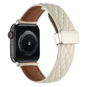 Picture of For Apple Watch Series 3 38mm Rhombus Pattern Magnetic Folding Buckle Leather Watch Band (Creamy White)