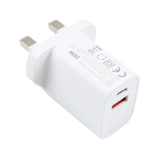 20W USB-C/Type-C + USB Fast Charging Travel Charger, UK Plug - 1