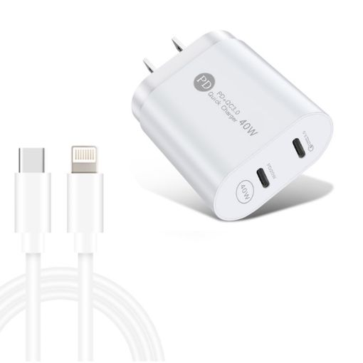 40W Dual Port PD/Type-C Fast Charger with USB-C to 8 Pin Data Cable - 1