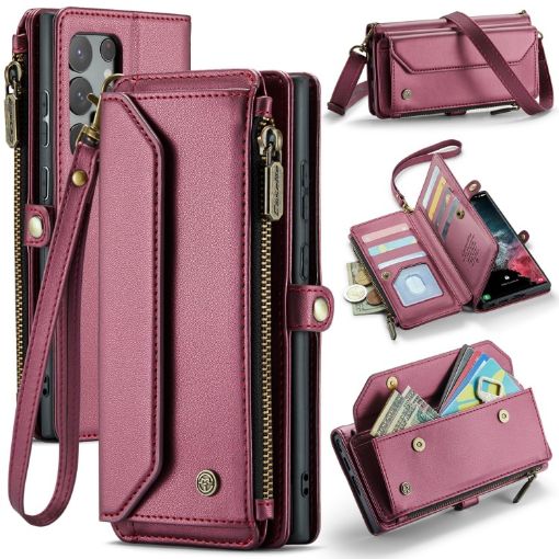 Samsung Galaxy S22 Ultra 5G Wallet Case RFID Anti-theft Leather (Wine Red) - 1