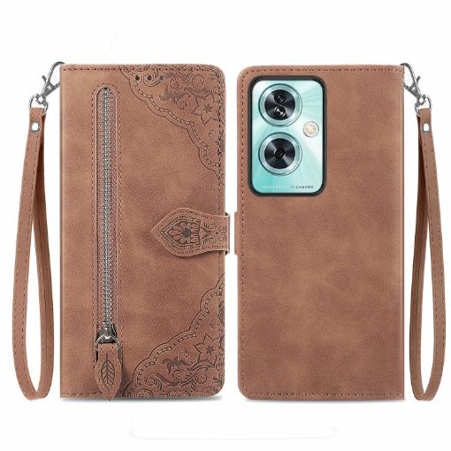 OnePlus Nord N30 SE Brown Leather Phone Case - Embossed Flower Zipper - 1