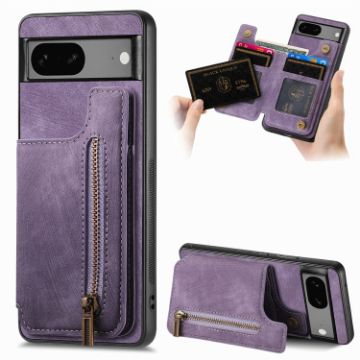 Google Pixel 6 Retro Leather Zipper Wallet Back Phone Case - Purple - 1