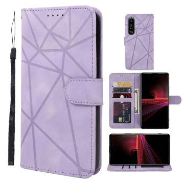 Sony Xperia 1 III Purple Leather Phone Case - Geometric Lines - 1