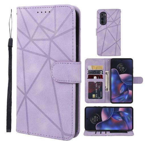 Motorola Edge 2022 Purple Leather Phone Case - Geometric Lines - 1