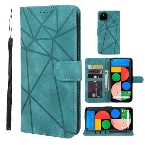 Green Leather Phone Case for Google Pixel 5 - Geometric Lines Skin Feel - 1
