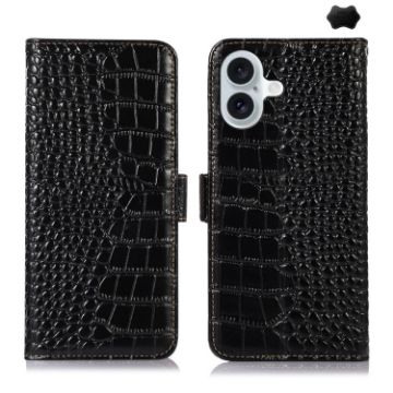 iPhone 16 Crocodile Top Layer Cowhide Leather Phone Case - Black - 1