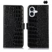 iPhone 16 Plus Crocodile Top Layer Cowhide Leather Phone Case - Black - 1