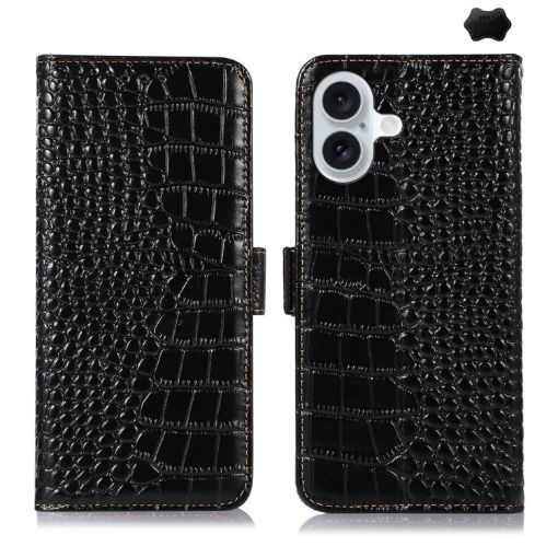 iPhone 16 Plus Crocodile Top Layer Cowhide Leather Phone Case - Black - 1
