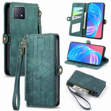 OPPO A72 5G Green Leather Phone Case - Geometric Zipper Wallet - 1