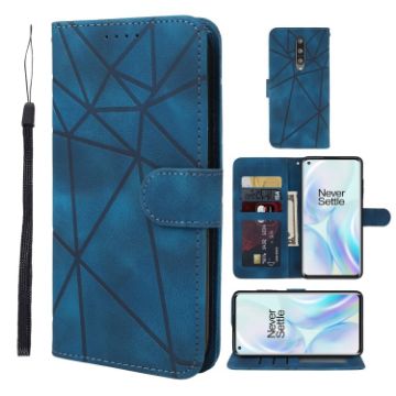 OnePlus 8 Blue Leather Phone Case - Geometric Lines Skin Feel - 1
