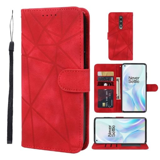OnePlus 8 Red Leather Phone Case - Geometric Lines Skin Feel - 1