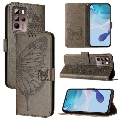 HTC U24 Pro Grey Leather Phone Case - Embossed Butterfly Design - 1