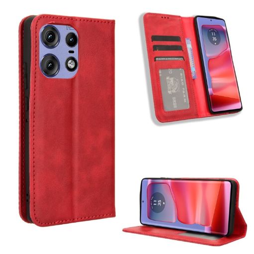 Motorola Edge 50 Pro 5G Red Leather Phone Case - Magnetic Buckle & Retro Texture - 1