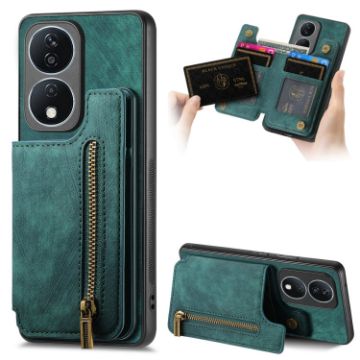 For Honor X7b Retro Leather Zipper Wallet Back Phone Case Green - 1