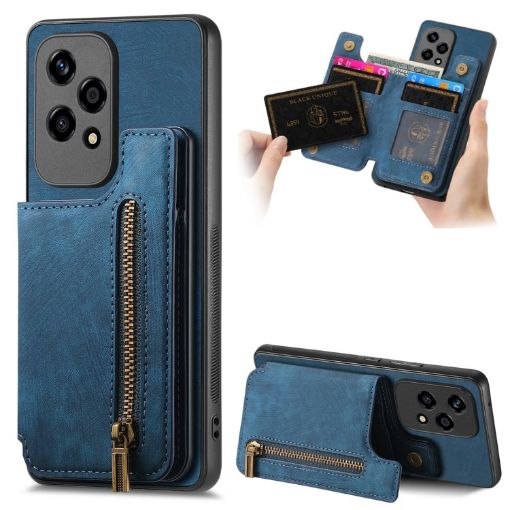 For Honor 200 Lite Retro Leather Zipper Wallet Back Phone Case Blue - 1