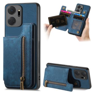 For Honor X7a Retro Leather Zipper Wallet Back Phone Case Blue - 1